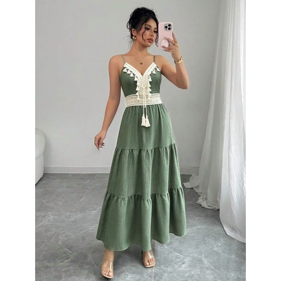 Womens Sage Green Boho V-Neck Tiered Maxi Dress With Lace Tassel Detail