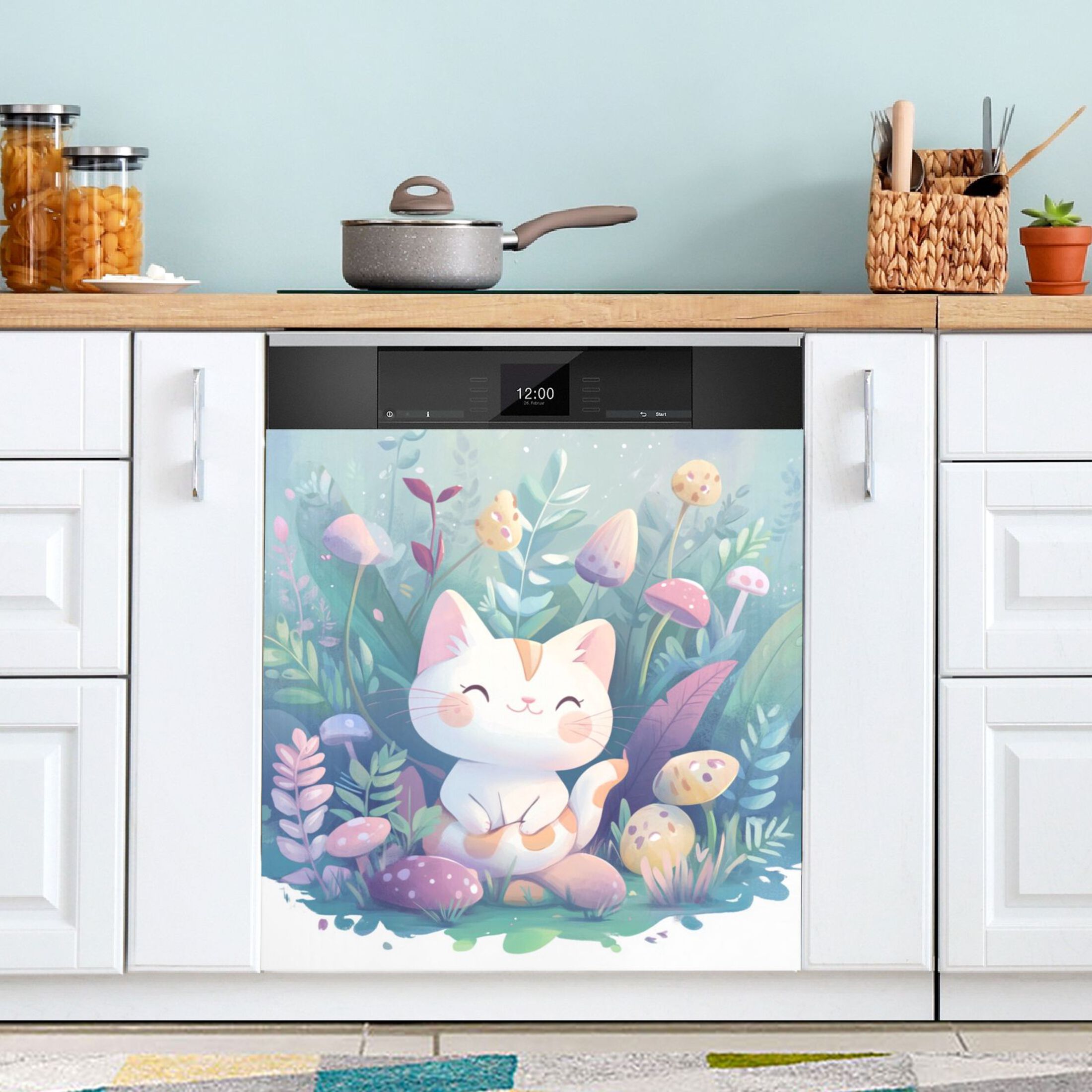 Dishwasher Magnetic Sticker 23x26 Inch Refrigerator Magnetic Sticker Washing Machine Magnetic Sticker Kitchen Panel Magnetic Sticker Home Decor Flower White Cat