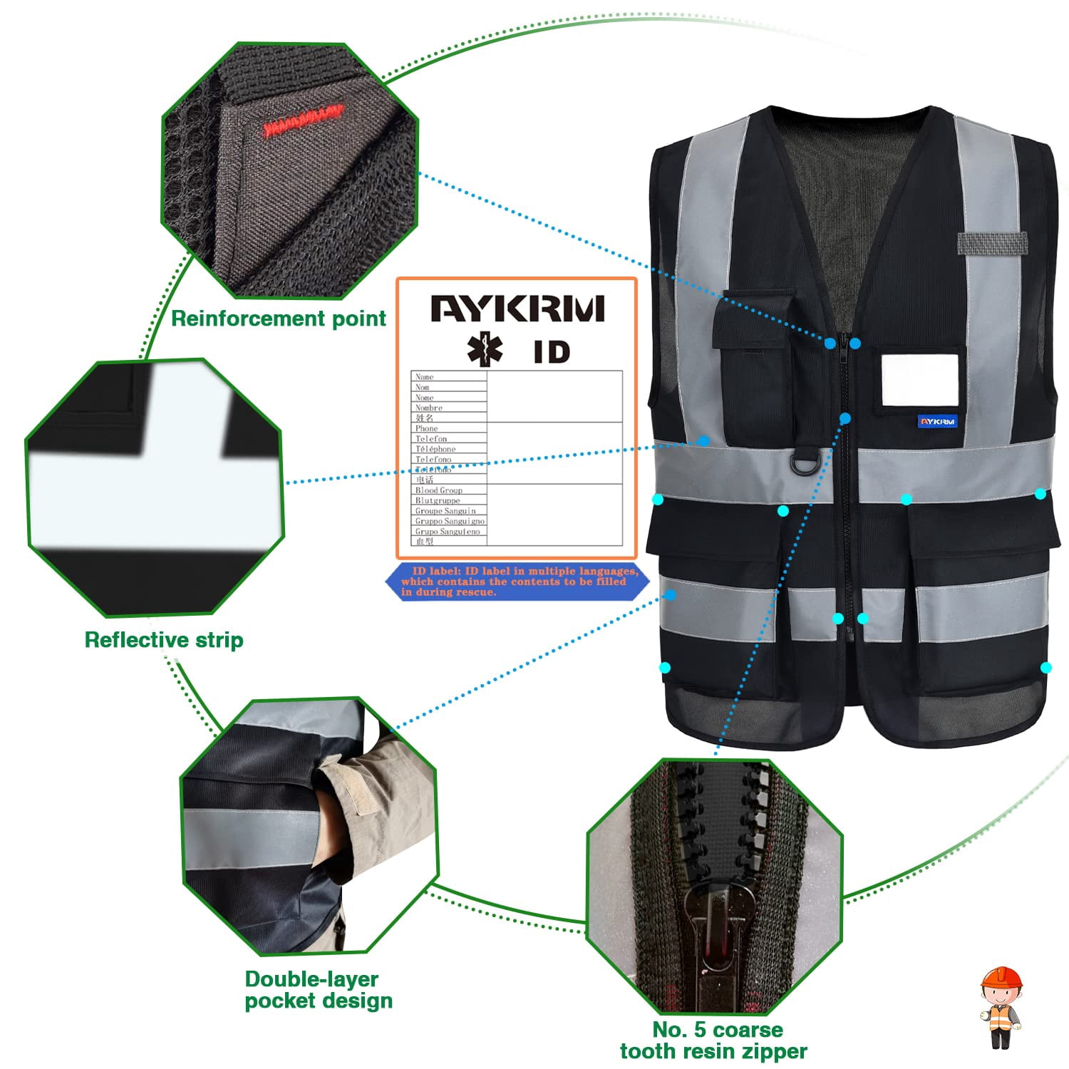 A-SAFETY Reflective Security Safety Vests Heavy Duty with 7 Pockets and Front Zipper