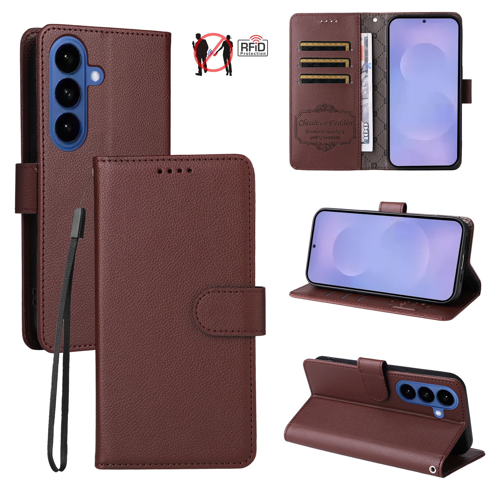 Wallet Case for Samsung Galaxy S26+ Premium PU Leather Flip Folio Case with RFID Blocking Card Slots Kickstand Function Wrist Strap Protective Shockproof Phone Case Cover Brown
