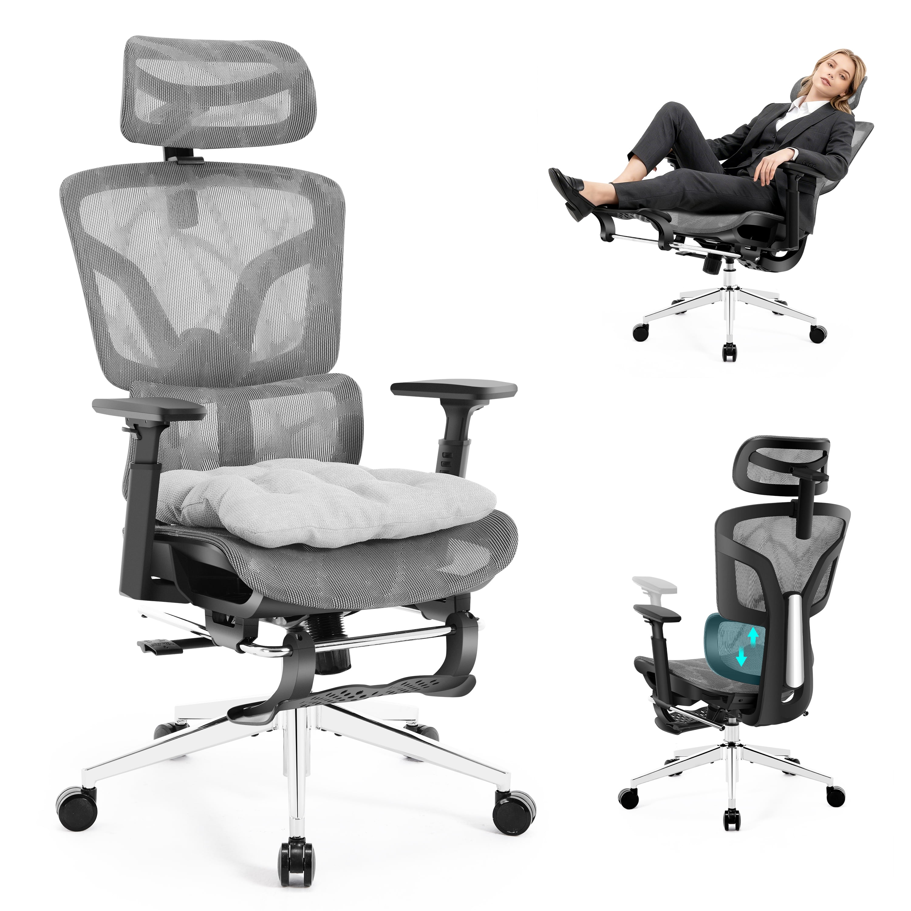 Nexthro Ergonomic Office Chair Mesh Chair with High Back Adjustable Headrest, Lumbar Support, 3D Armrest & Footrest, Swivel Computer Desk Chair(Gray)