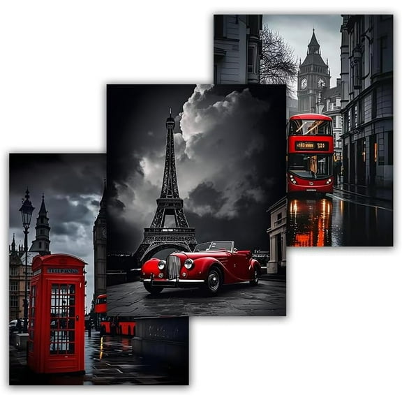 Canvas Fine Art Prints Painting Black White Street View Of London Artwork Paris France Artistic Red Big Ben Canvas Pictures for Home Walls Bedroom Living Room Bathroom Decor 12x16 inch unframed