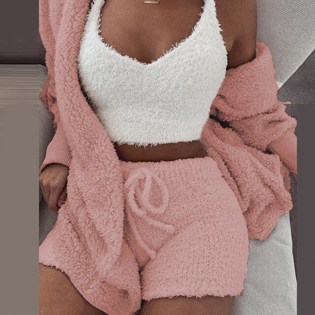 Trajes esponjosos sexys de tres piezas, cárdigan con capucha de terciopelo de felpa, abrigo, pantalones cortos y Top corto, conjuntos de chándal para mujer, sudaderas deportivas informales Tan Jianjun unisex