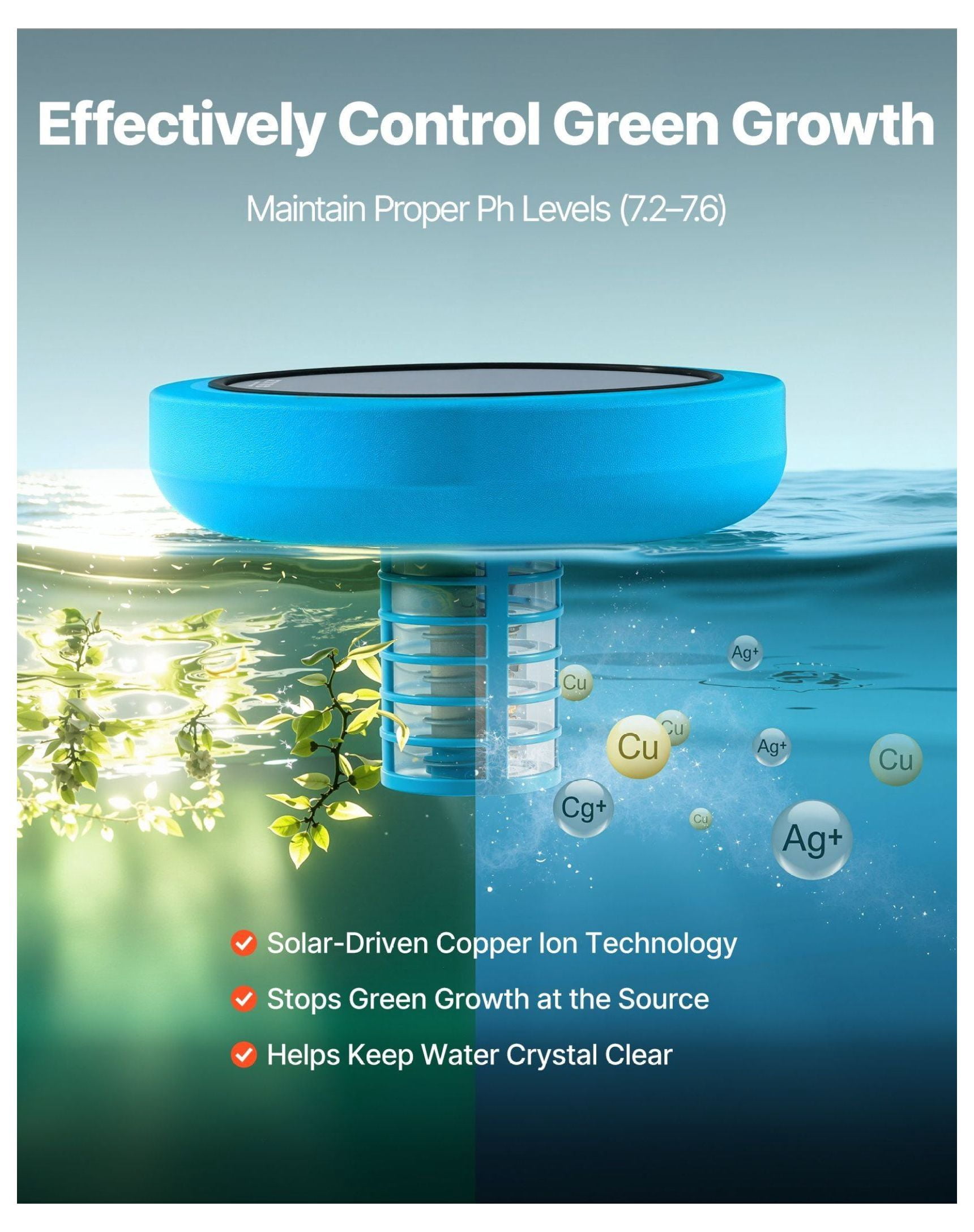 Solar Pool Ionizer, 35000 Gal, Floating Water Purifier, Chlorine Free, Copper Anode, Pool Cleaner for Spas & Swimming Pools