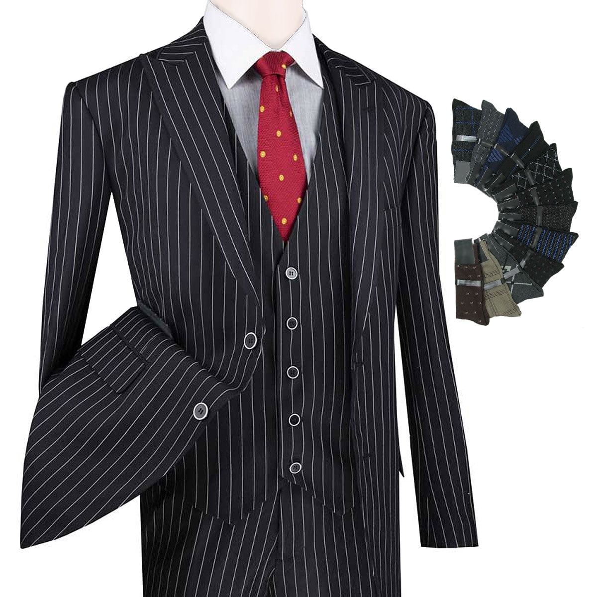 Men's 3pc Fancy Poly Stripe Suit 5 Button 37" Length Jacket w/ Vest #29198 