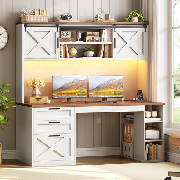 SEDETA 55.1" Farmhouse Desk with Hutch & 3 Drawers, Computer Desk with LED Lights, Power Outlets, File Cabinet, Sliding Doors & Storage Shelves, Executive Home Office Desk, White Brown