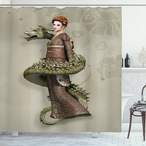 Ambesonne Fantasy Shower Curtain, Geisha with Huge Dragon, 69"Wx75"L, Olive Green Eggshell