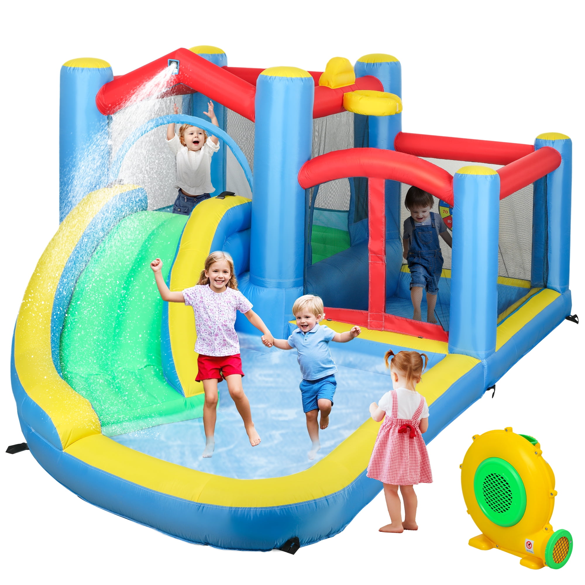 Qaba Inflatable Water Slide, Water Bounce House for Kids Outdoor Fun with Large Trampoline, Splash Pool, 550W Blower, Basketball Hoop, Dart Board