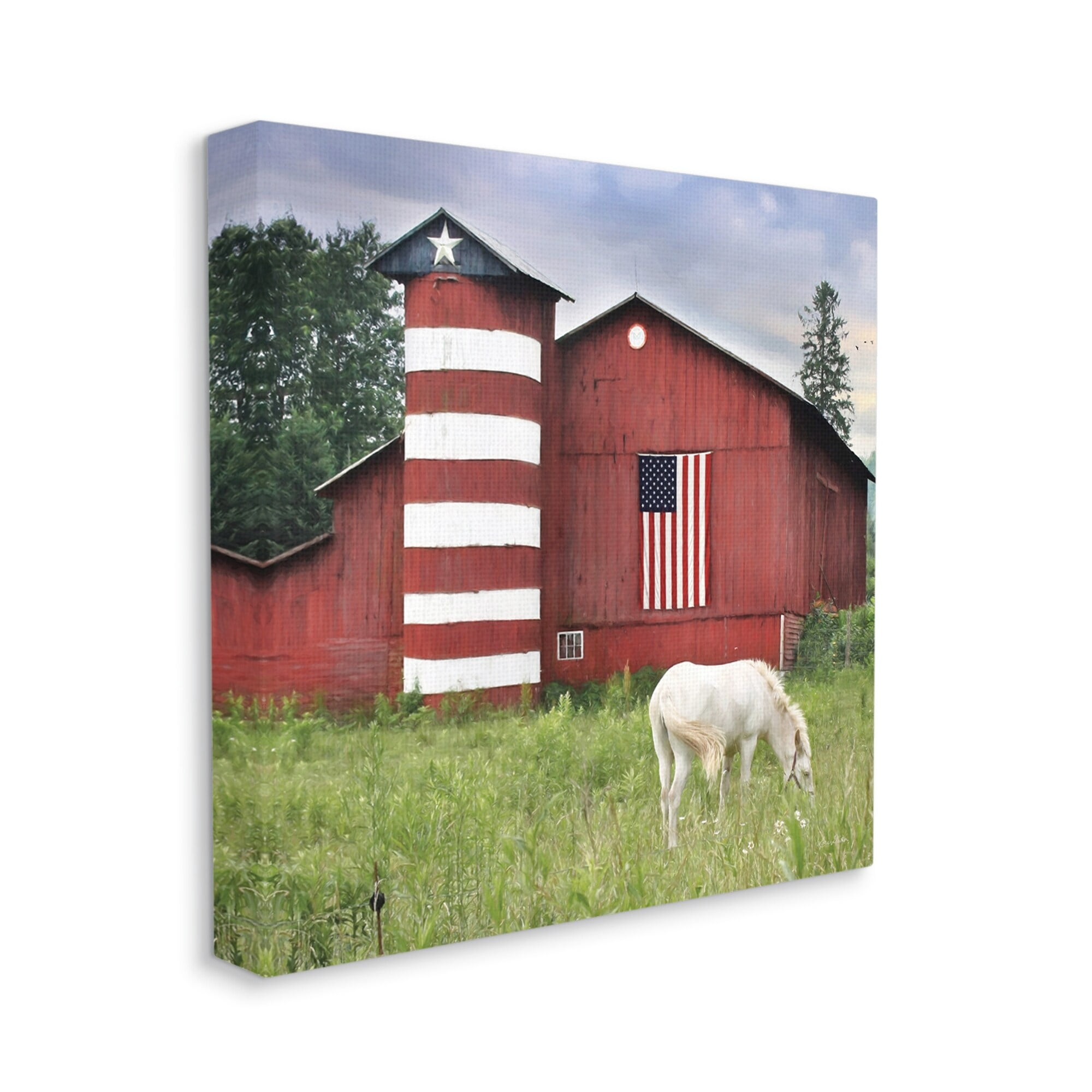 Stupell Industries Grazing White Horse Red Americana Barn Flag Painting Gallery Wrapped Canvas Print Wall Art, Design by Lori Deiter