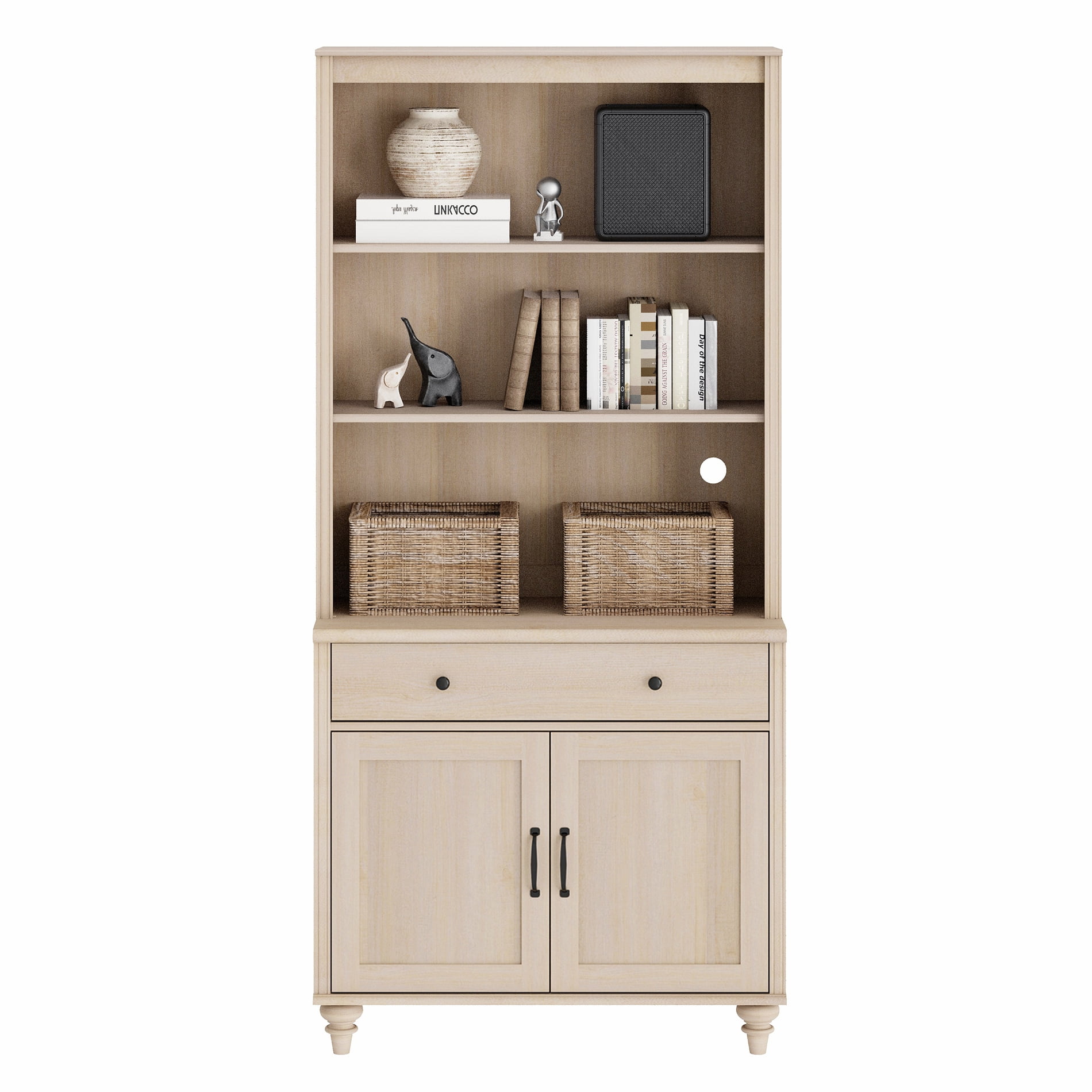 Farmhouse 5 Tier Bookcase With Drawer & Doors, Beige, 33.9" W