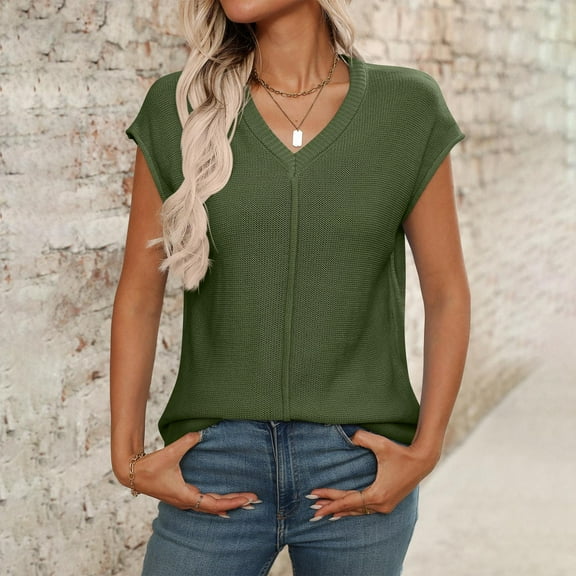 Karight Womens Summer Cap Sleeve Tops Casual Crew Neck Loose Fit Knit Lightweight Sweater Pullover Top