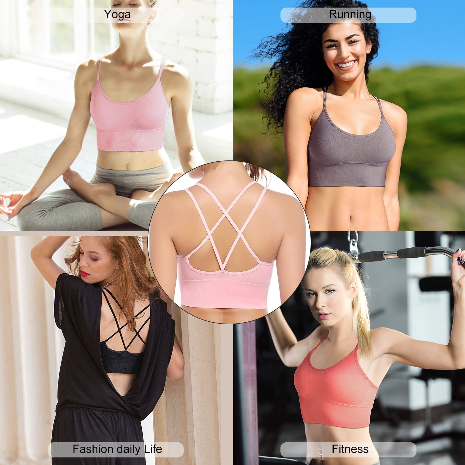 Strappy Sports Bra for Women (Black, Pink, Red), 3 Pack