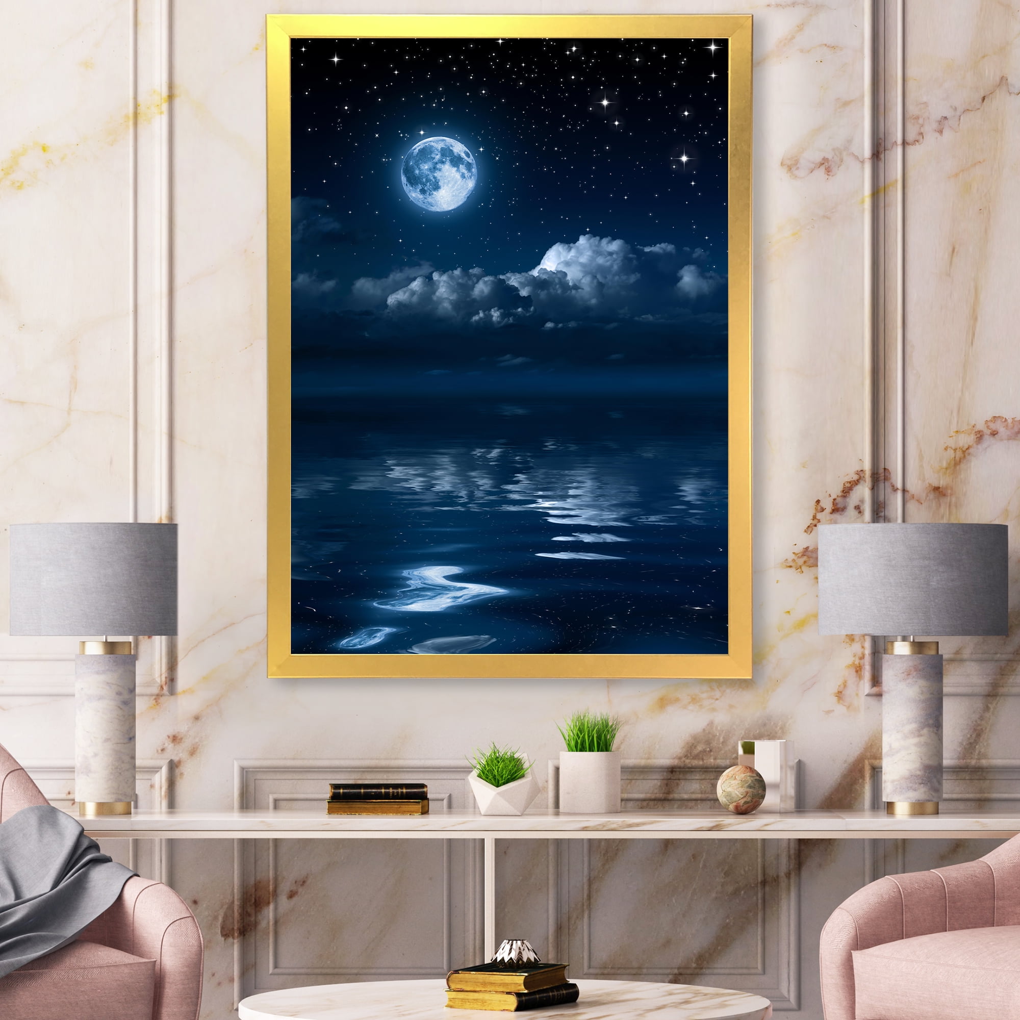 Designart 'Full Moon Night in Cloudy Sky I' Nautical & Coastal Framed Art Print