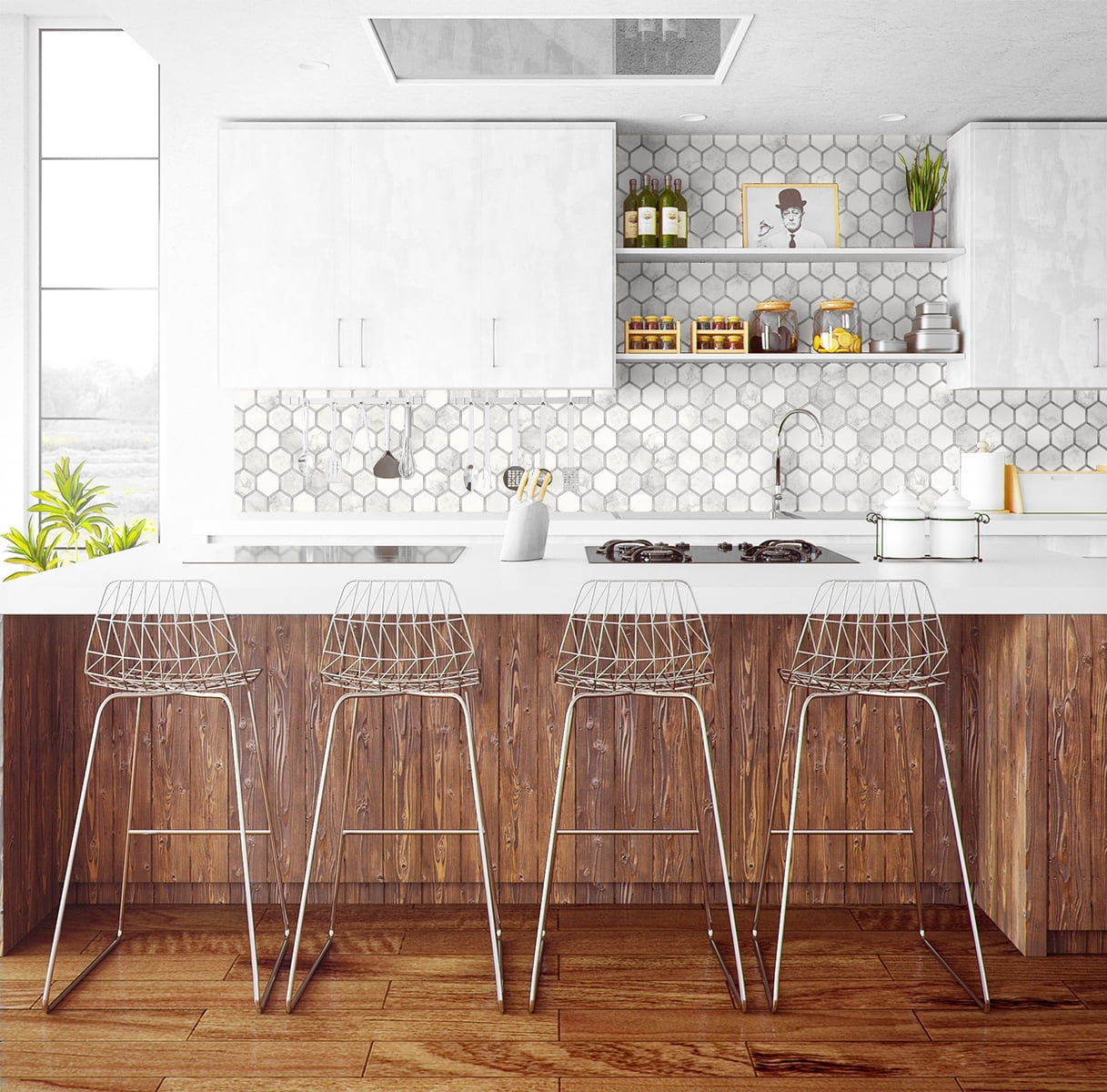 NextWall Carrara & Metallic Silver Inlay Hexagon Peel and Stick Wallpaper