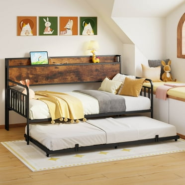 LIKIMIO Daybed with Trundle, Twin Day Bed Frame with Storage Headboard and Charging Station, Sturdy Metal Sofa Bed Frame for Living Room/Bedroom/Guest Room