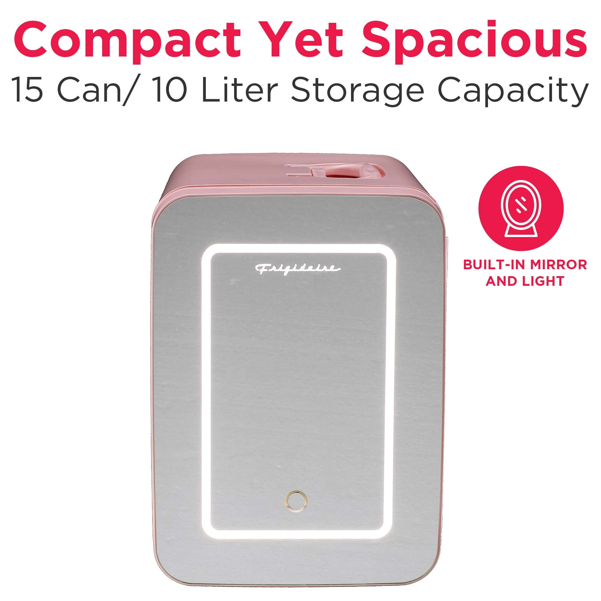 Frigidaire 6.5L 9 Can Mini Lighted Beauty Mirror Fridge Pink - compact, portable skincare fridge with mirror ideal for cosmetics, travel, and small spaces.