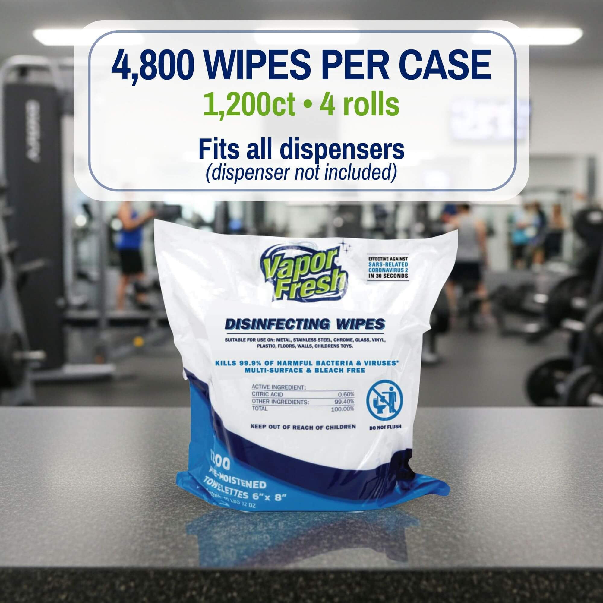 Vapor Fresh Disinfecting Wipes - 1200 Count x 4 Rolls (4,800 Total Wipes) Plant Powered Commercial Grade Disinfectant For Gym Equipment, Fitness Studios, Spas - Bulk Refill Rolls