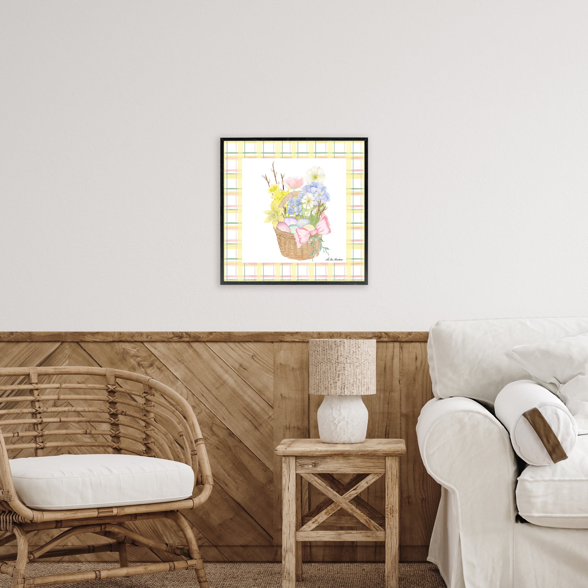 Spring Basket on Plaid Black Framed Giclee Art, design by Lee Ann Sanders