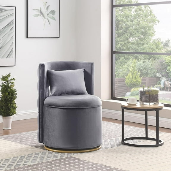 Swivel Chair with Storage for Living Room, Round Velvet Vanity Chair with Tufted Button Back, Pillow Included (Grey)