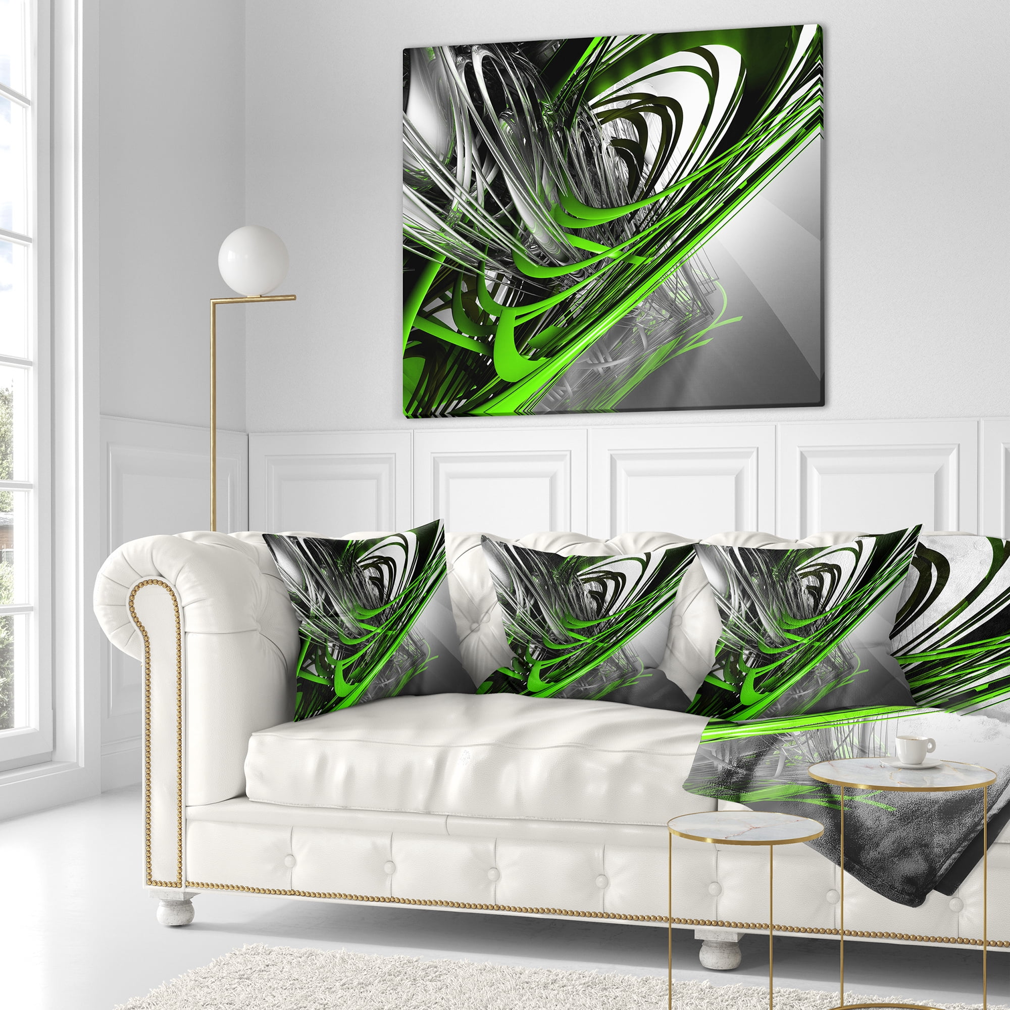 Designart Fractal 3D Green Silver Stripes - Abstract Throw Pillow - 18x18