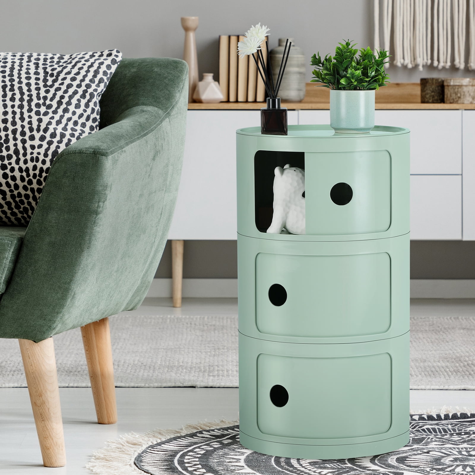 3 Drawer Sliding Barrel Modern Bedroom Nightstand, Matcha Green