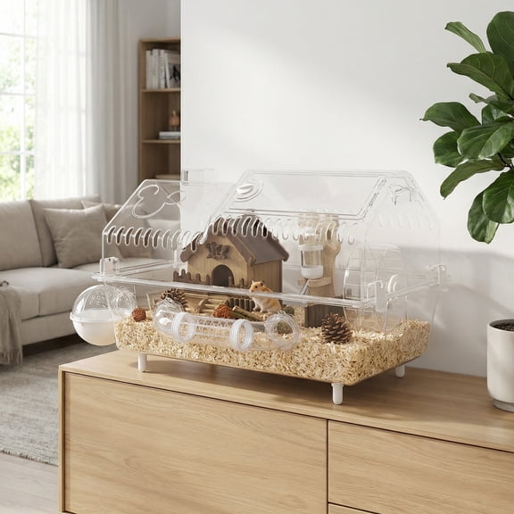 PawHut 8 in 1 PET Hamster Cage, Dwarf Hamster Cage with Large Wheel & Hideout, Accessories, Clear Pet House, 21.5" x 11.8" x 12.6"
