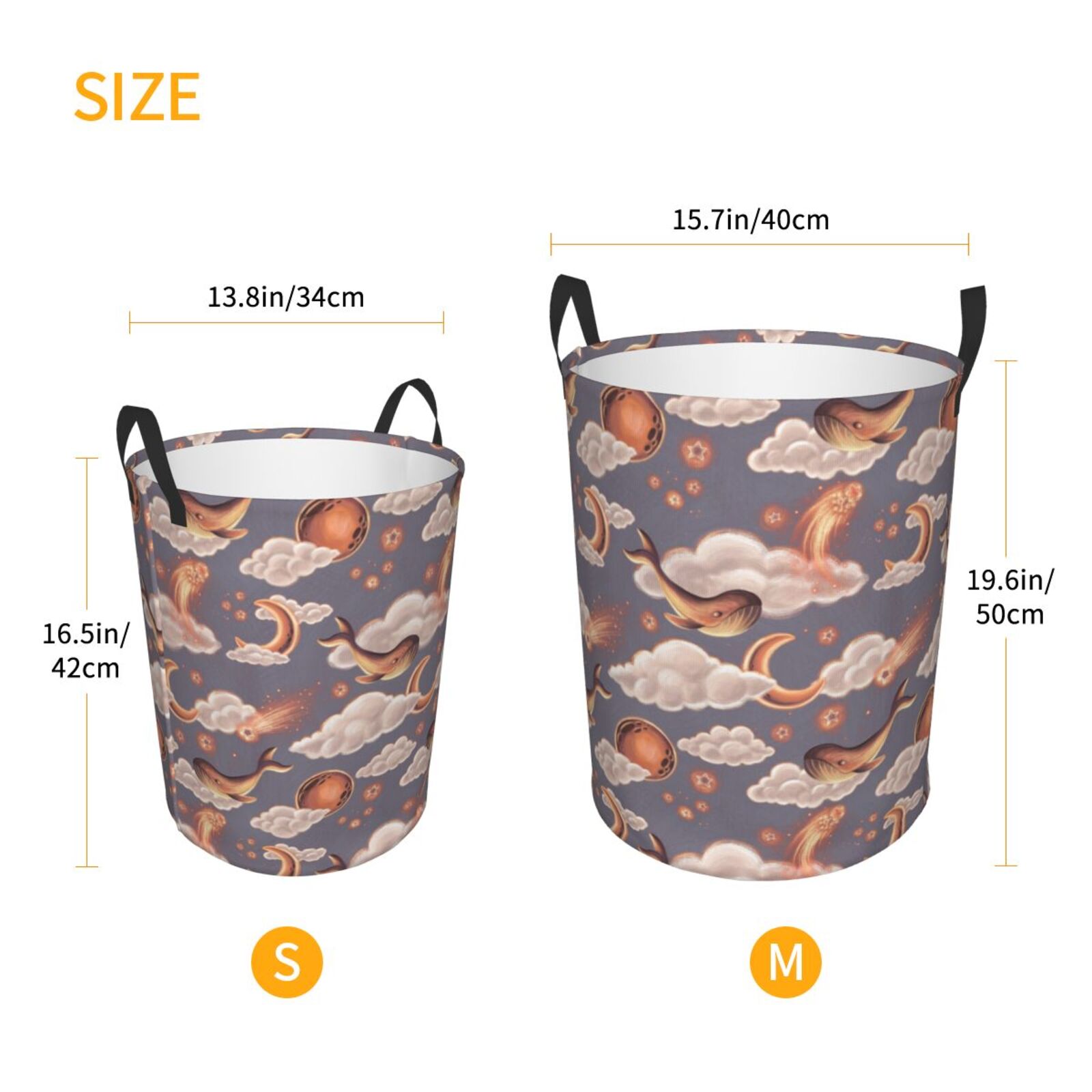Large Laundry Basket with Handles - Star moon clouds Whales texture Kids Baby Dirty Clothes Laundry Hamper for Bedroom Aesthetic