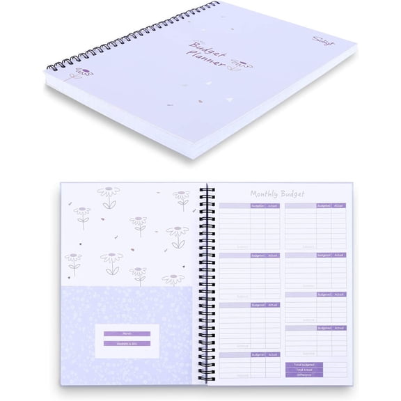 Monthly Budget Planner Book (Undated) with 12 Pockets for Income, Debt, Saving, Expense and Bill Tracker Organizer, Purple, Spiral Design