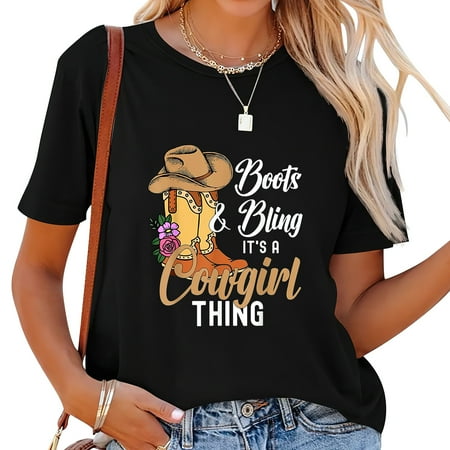 Funny Cowgirl Boots Bling Women Cute Love Country Women s Short Sleeve Graphic Tee - Summer Essential