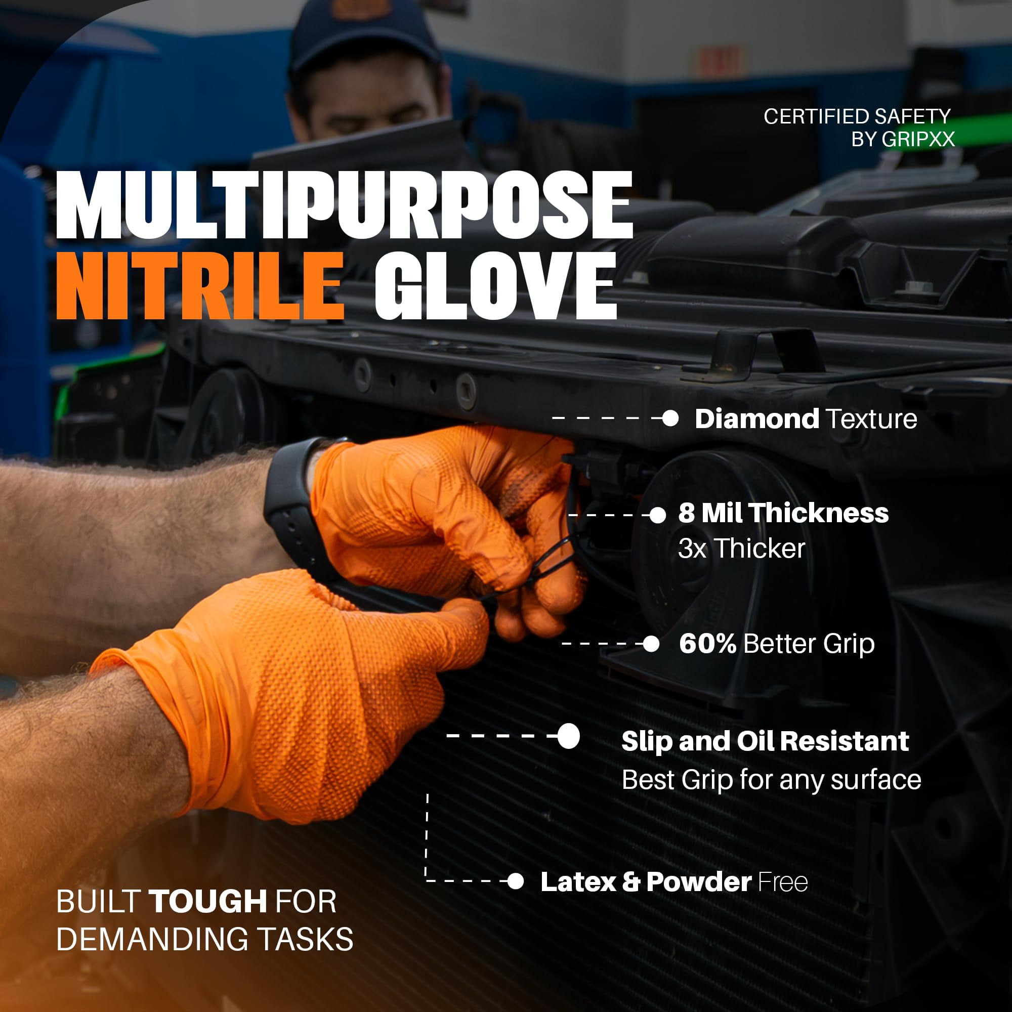 GRIPXX 3D Herkules Grip Orange Disposable Nitrile Gloves – 8-Mil Industrial, Latex-& Powder-Free Gloves - 200ct medium Orange gloves