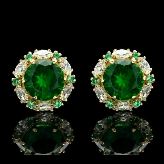 Elegant Halo Stud Earrings 14K Yellow Gold Plated Silver 2Ct Round VVS1/D Cut Lab Created Green Emerald & Diamond
