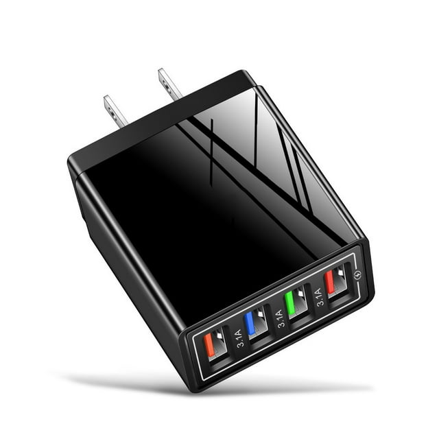 Cargador de pared USB de 4 puertos, 3,1 A, adaptador de enchufe de carga rápida USB con luz LED para teléfonos móviles y tabletas