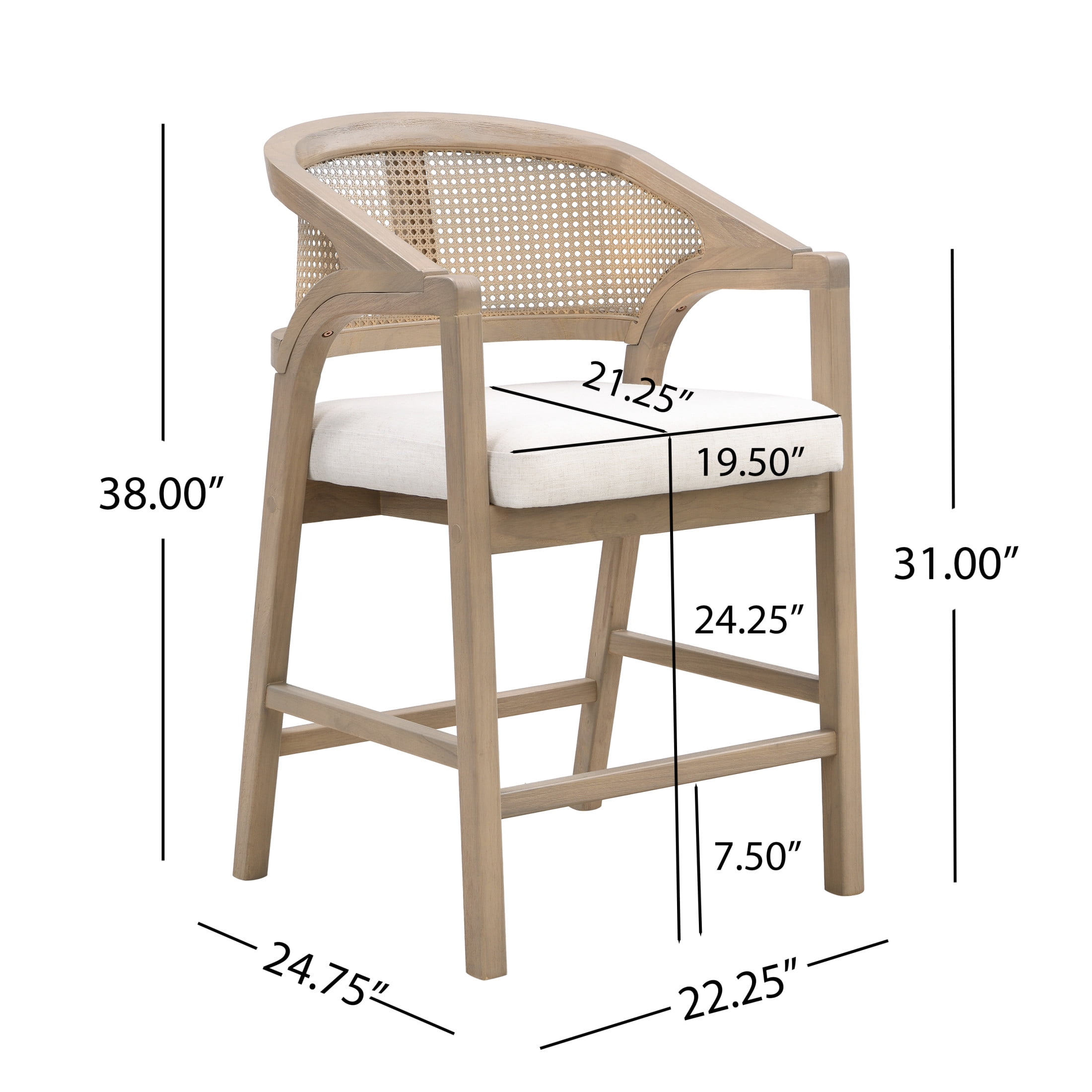 GDF Studio 24.25" Counter Height Bar Stools with Beige Cushion, Rattan Back, Light Ash Wood Frame, Set of 2