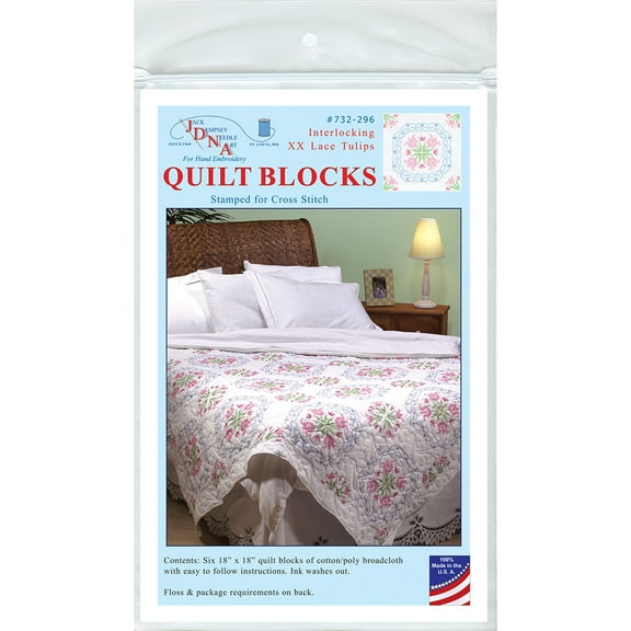 Jack Dempsey Stamped White Quilt Blocks 18"X18" 6/Pkg-XX Lace Tulips