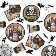 16 Guests 64PCS Disposable Tableware Plates Cups Napkins Set Scary Skull Disposable Paper Dinnerware for Happy Spooky Themed Party