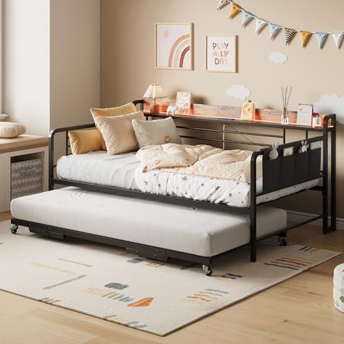 Twin Daybed with Trundle Bed with Charging Station and LED Light,Heavy Duty Metal Day Bed with Storage Headboard, Pop Up Trundle Bed for Living Room,Bedroom, Black