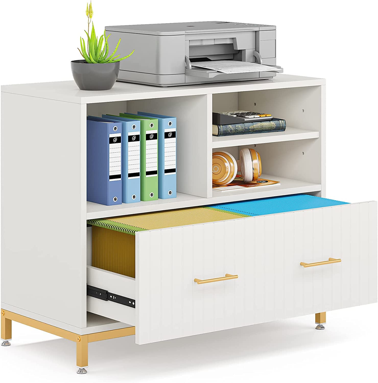 Lateral File Cabinet with Drawer, White Filing Cabinet with Adjustable Hanging Rod for Letter/Letter/A4 Size Files, 35.4" Wood Modern Printer Stand with Open Storage Spaces for Home Office