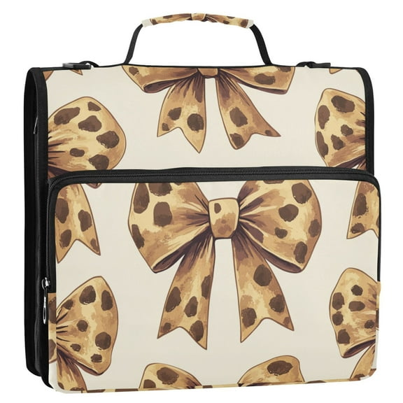 Leopard Bowknots Binder Bag with Shoulder Strap 3 Ring Zipper Binder File Folder Document Storage