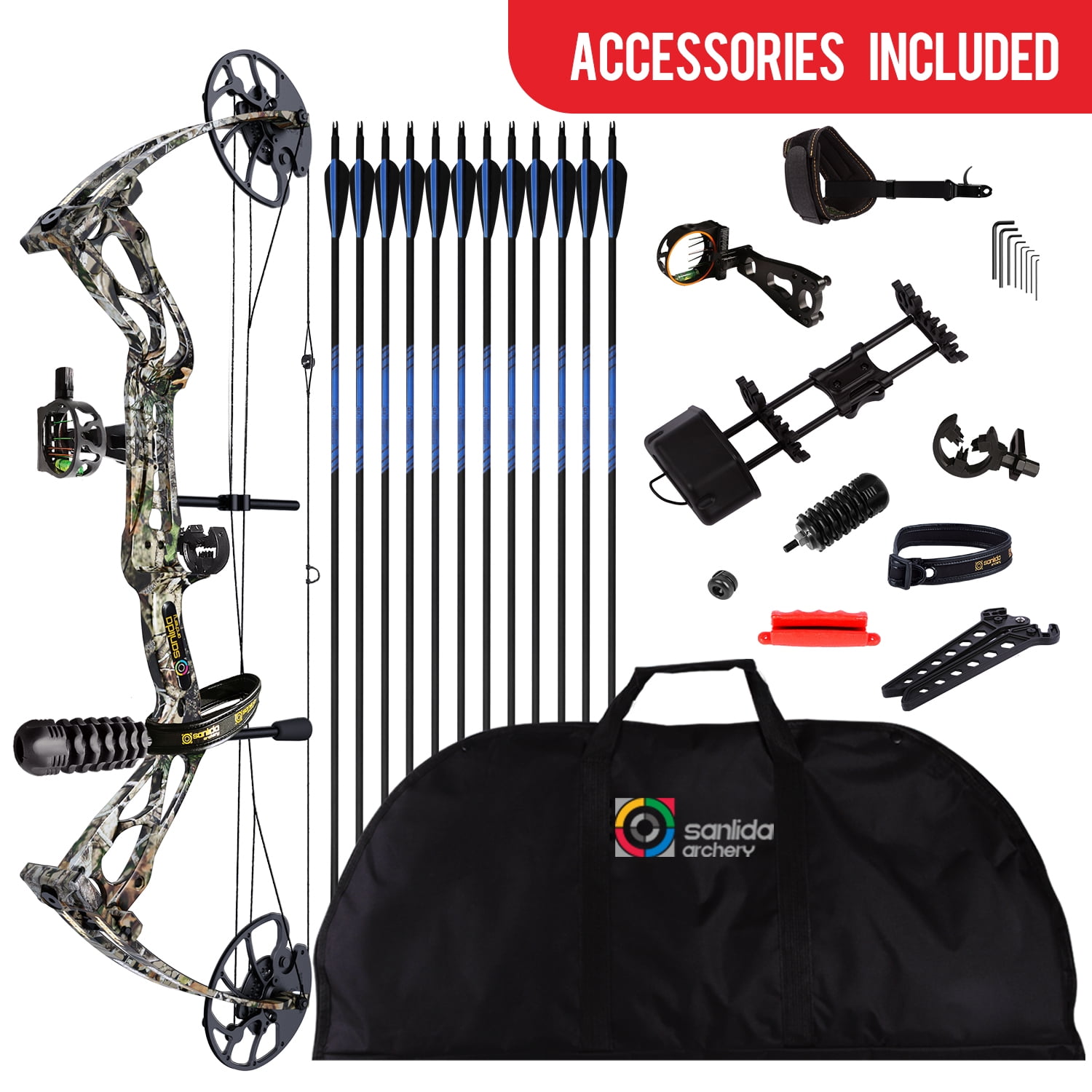 Sanlida DragonX8 RTH Adjustable Compound Bow Package, Camo, 18”-31” Draw Length, 0-70lbs Draw Weight, Up to 310FPS