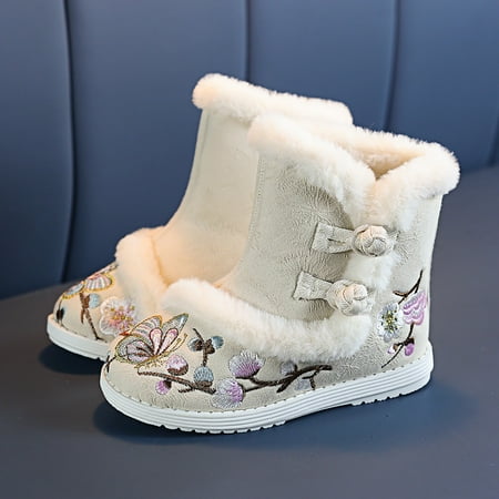 

Cathalem Winter Boots Kids Toddler Ethnic Style Cotton Boots For Gilrs Cloth Shoes Warm Winter Snow Boots Embroidery Print Boot Beige 2.5 Years