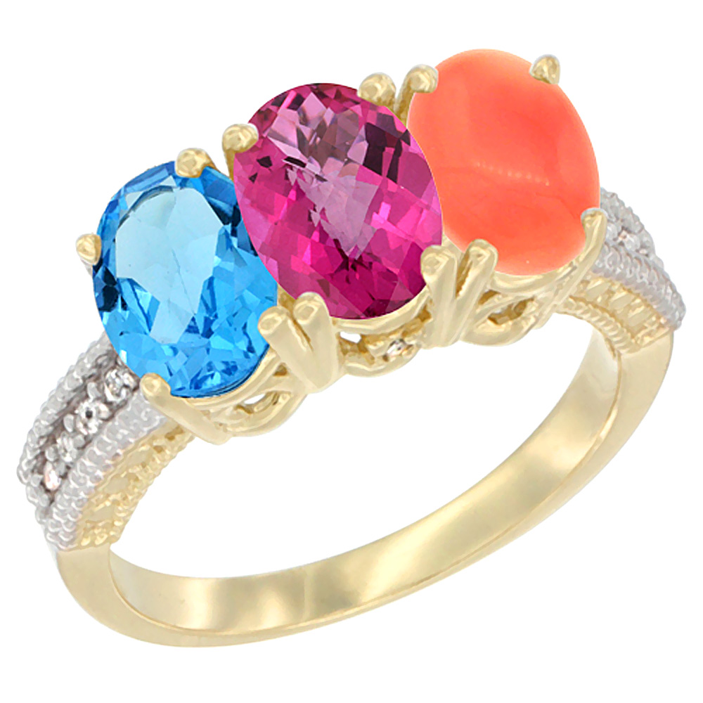 10K Yellow Gold Diamond Natural Swiss Blue Topaz, Pink Topaz & Coral Ring 3-Stone Oval 7x5 mm, sizes 5 10 by WorldJewels