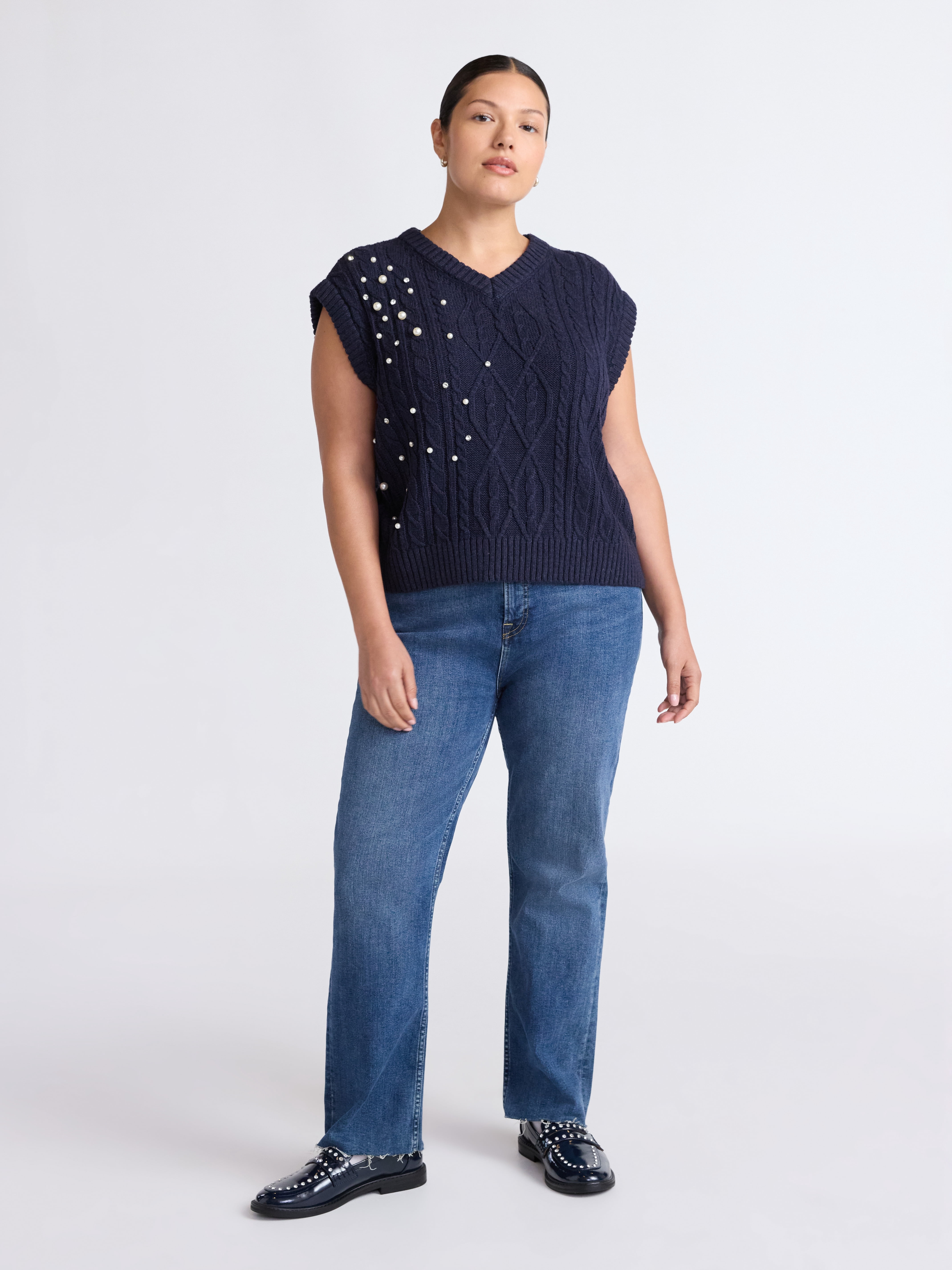 Free Assembly Women's Embellished V-Neck Cable Sweater Vest, Sizes XS-XXL