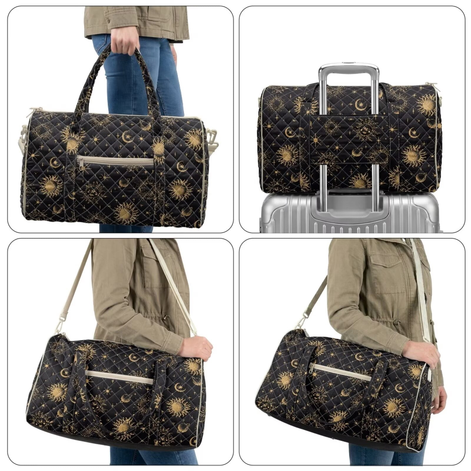 Garronmavis Black Gold Sun Moon Print Large Quilted Duffle Bag for Women, Weekender Travel Bag Carry On Overnight Bag, Cute Gym Dance Tote with Zipper Pockets