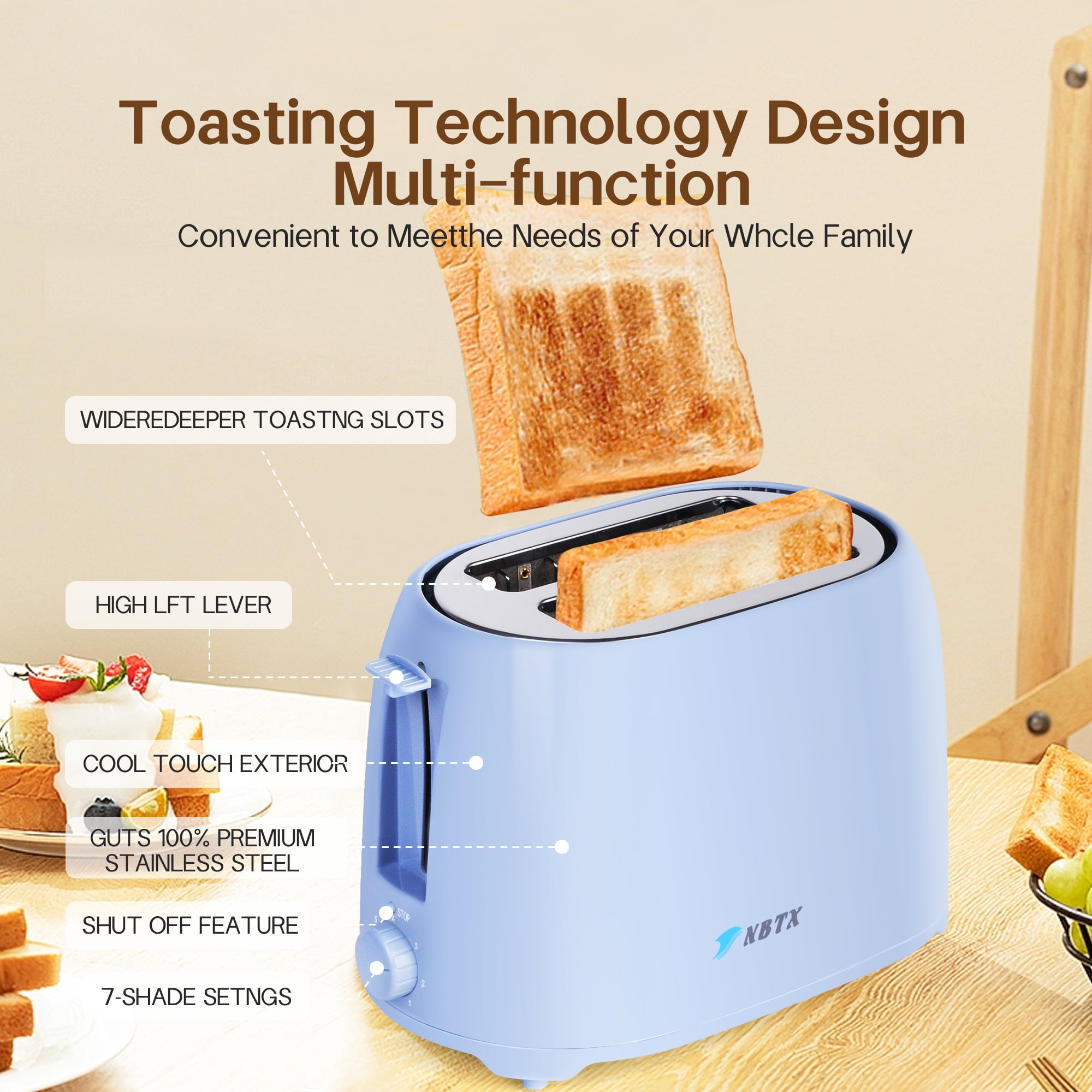 NBTX Toasters 2 Slice Wide Slot With 7-Shade Toast Settings, Slide-Out Crumb Tray, Auto-Shutoff, Faster Heating Speed, Toast Lift Perfect for Toasting Bread Bagels Waffles and Puff Pastry, Blue