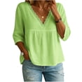 thumbnail image 2 of Women's Fashion Casual Three-Quarter Sleeve Lace V-Neck Pullover Shirt, Elegant Blouse, Spring Summer Top for Women,Light Green,L, 2 of 5