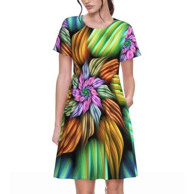 Bixox Robe d'Été à Manches Courtes pour Femmes, Ample, Longueur Genou, avec Poches - Style Hippie