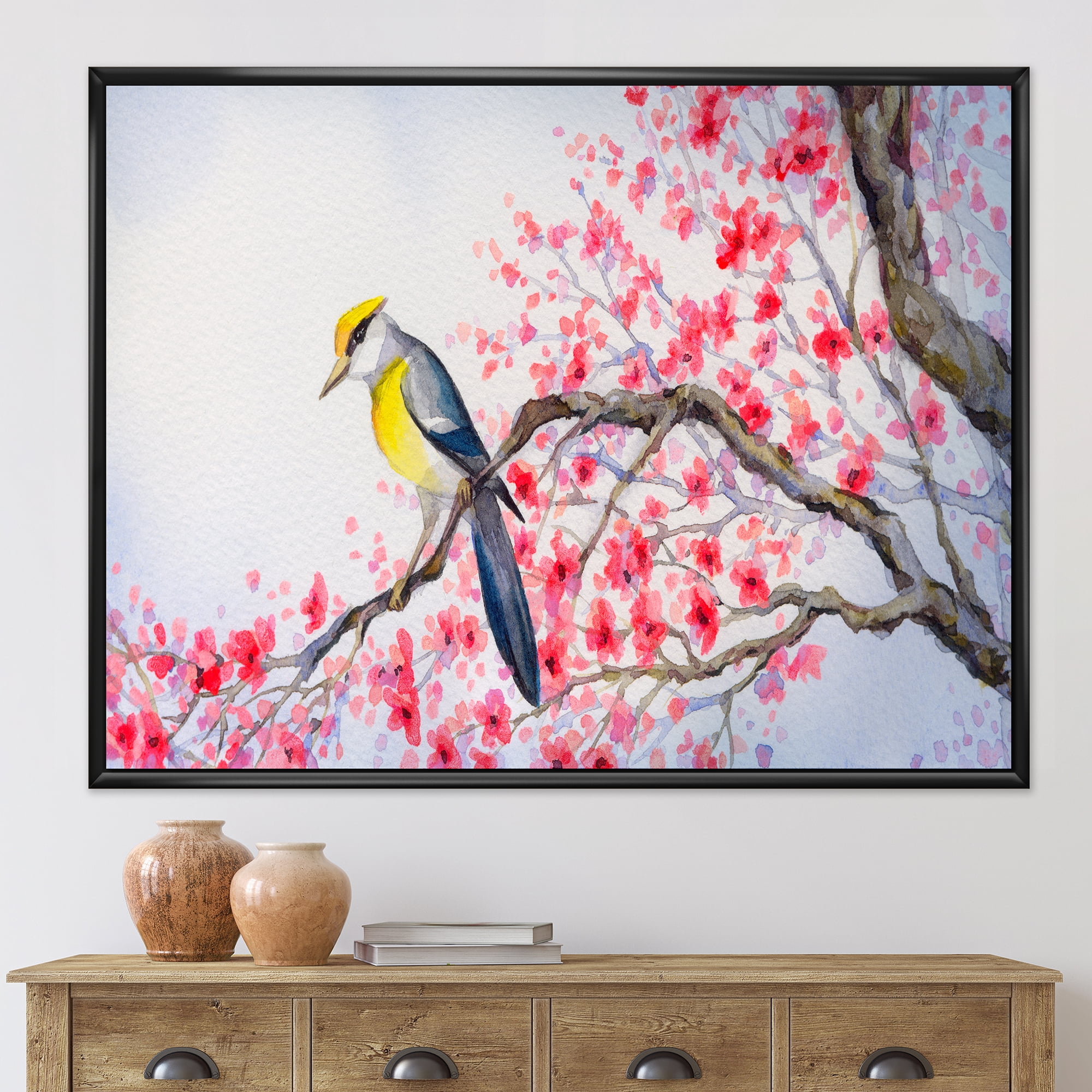 Designart 'Beautiful Red Bird Sitting On Flowering Branch II' Traditional Framed Canvas Wall Art Print
