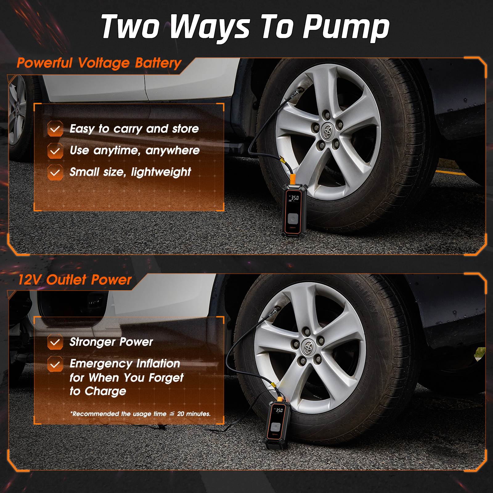 Ophanie Cordless Portable Tire Inflator - 160 Psi Digital Pressure Gauge, Air Compressor for Car Tires with Automatic Shutoff, Emergency LED Light, Compact Automotive Pump