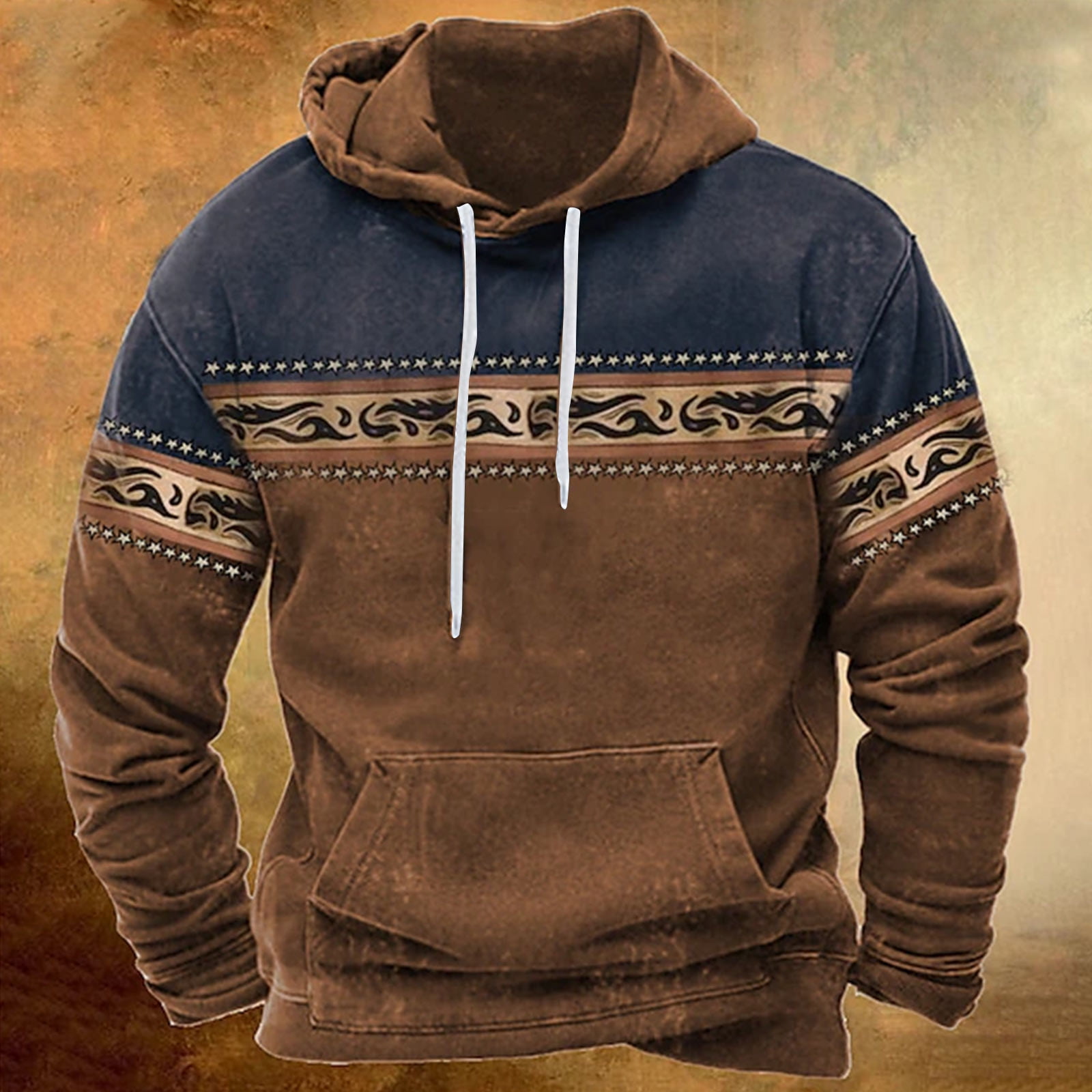 ZCFZJW Mens Western Hoodie Sweatshirts Vintage Aztec Print Long Sleeve Hooded Pullover Tops Lightweight Trendy Pacthwork Warm Coat with Pockets Z16-Brown XXXL