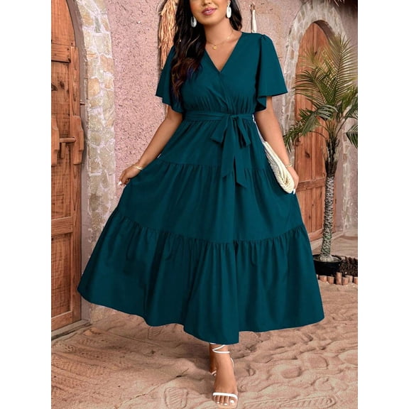 Teal Blue Plus Size V-Neck Wrap Maxi Dress With Tiered Ruffle Hem And Self-Tie Waist Belt, Short Sleeve